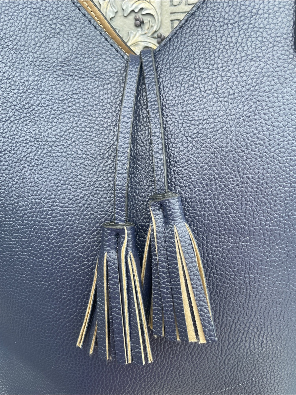 Neiman Marcus Navy Tassel Tote Bag - Classic Everyday Shoulder Bag - Picture 2 of 8